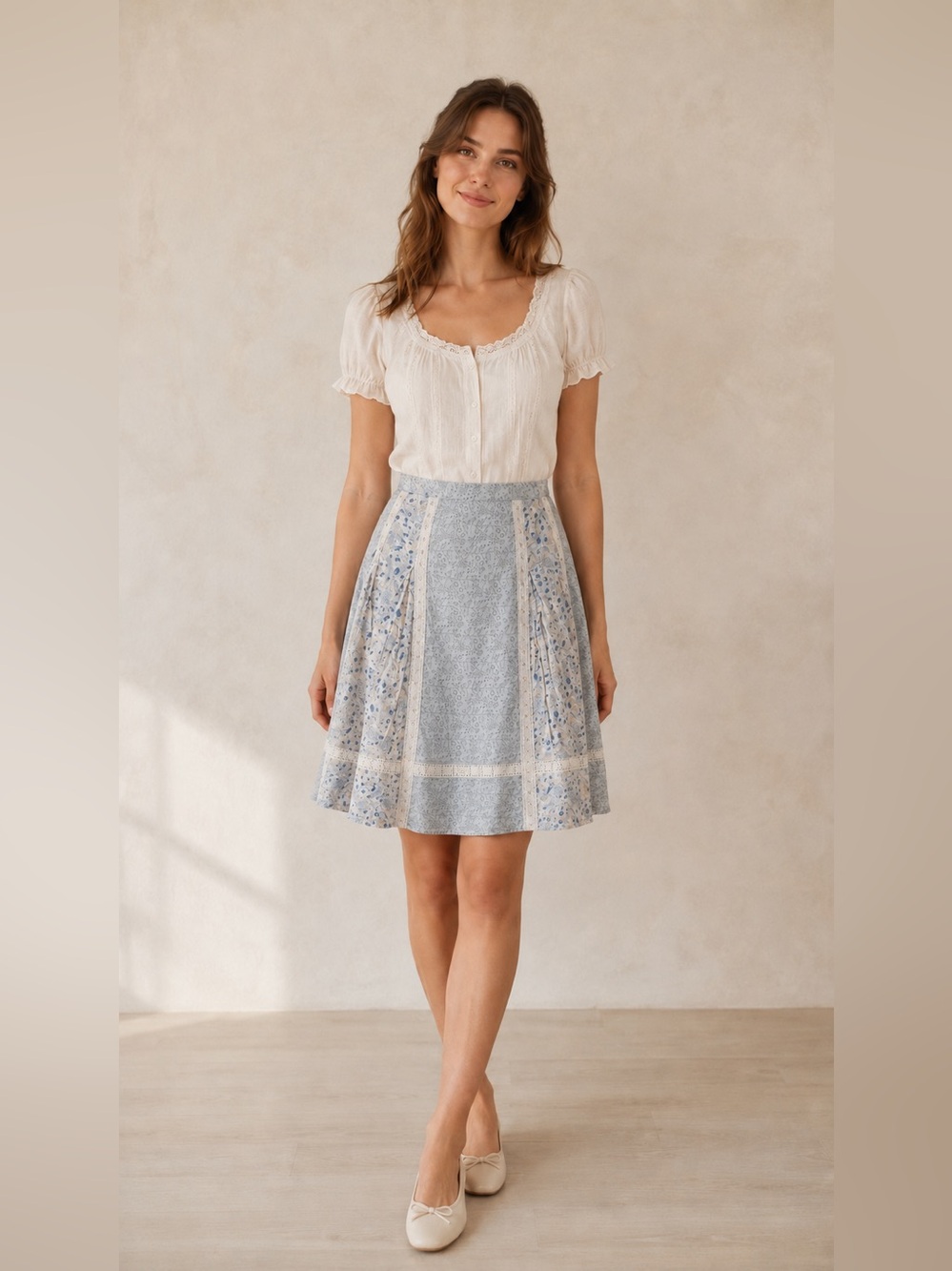 Vintage Tristan Blue Floral Lace Panel Cottagecore Skirt sz 2 sequins romantic